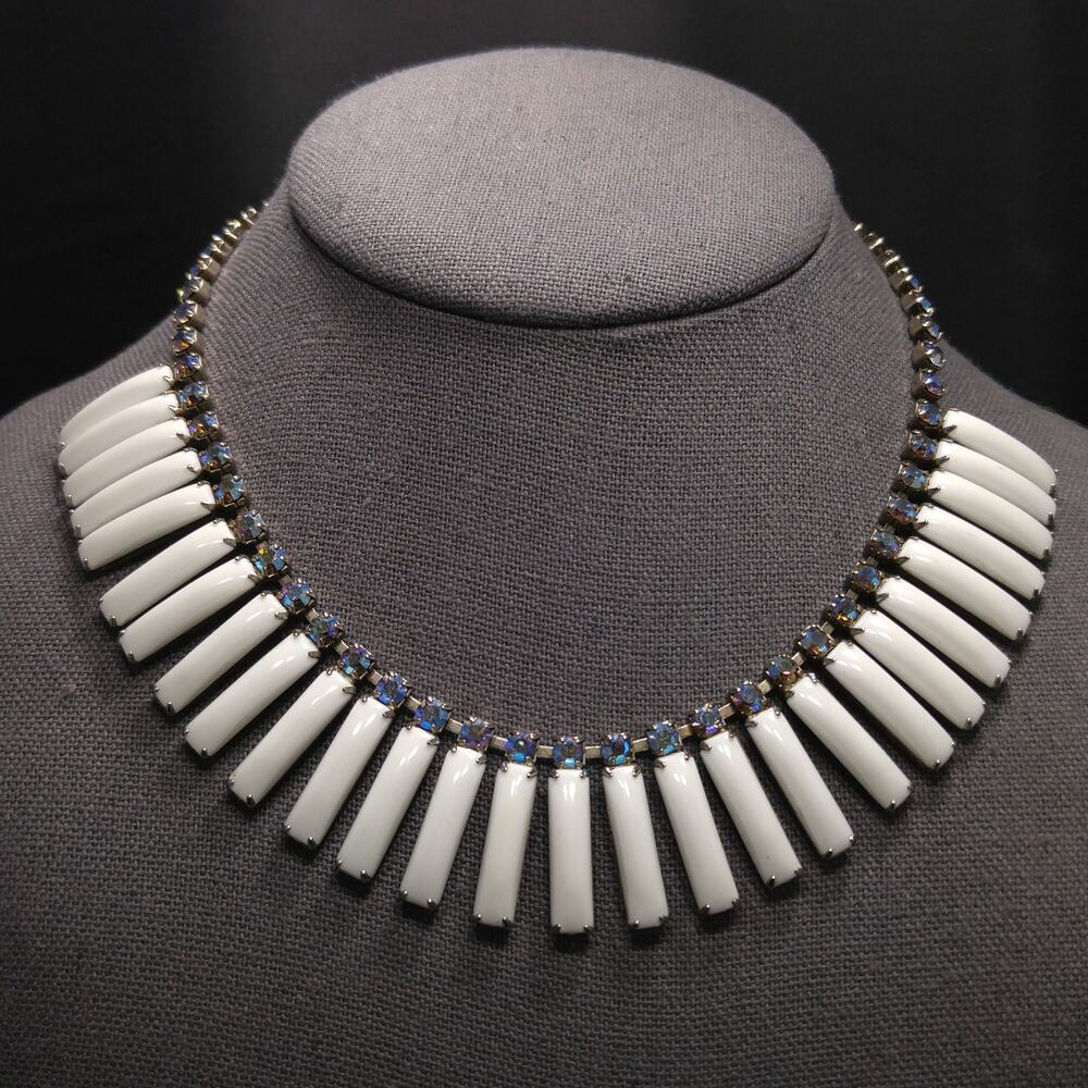 White Lucite Blue Aurora Borealis Rhinestones Necklace, Egyptian Revival Vintage